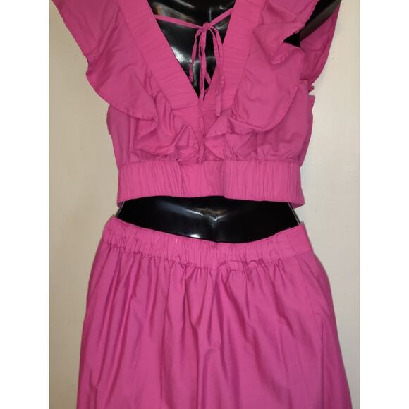 Bright Pink Peasant Maxi Dress 2pc L Tiered Boho Whimsigoth Ruffles Cropped - Picture 8 of 16
